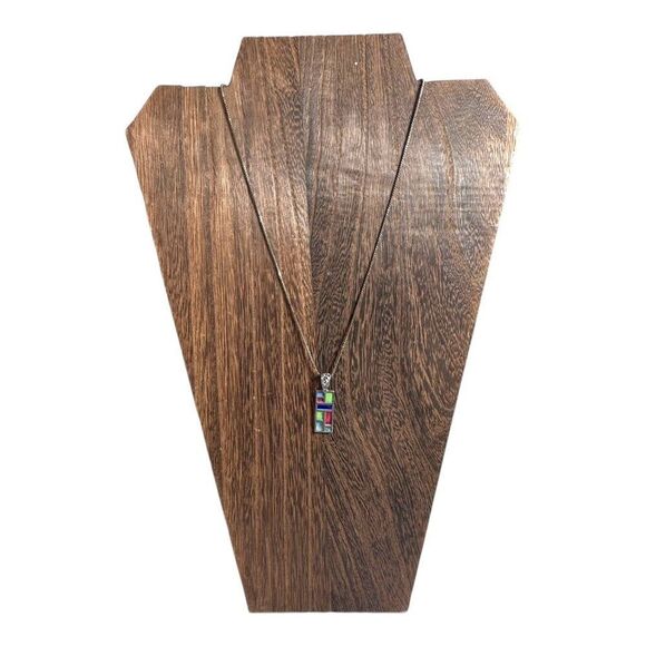 Vintage Sterling Silver Geometric Mosaic Pendant Turquoise Lapis Inlaid Necklace - Picture 2 of 6
